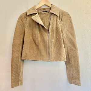 BEBE‎ TAN SUEDE Textured LEATHER ZIP Bomber JACKET COAT SIZE Medium